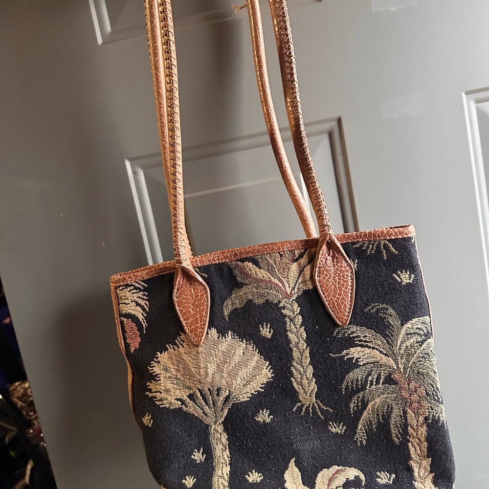 Vintage Tommy Bahama Tropical palm tree Patterned Black and Brown Tote Bag purse